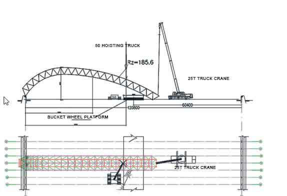 Two belt trucks cooperate across the bucket wheel platform