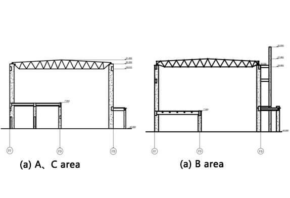 Section view of unequal height structure