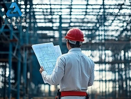 Back view of construction engineer wearing red safety helmet holding steel structural blueprints, standing in front of unfinished large-span blue steel frame workshop, reviewing design drawings to check cross-border execution interpretation differences in global industrial EPC steel projects