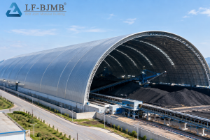Completed Large-span Bulk Storage Shed Completed barrel arch bolted space frame coal storage shed with coal stockpile, stacker-reclaimer and belt conveyor