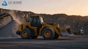 Wheel loader working beside a conveyor at an open bulk stockpile yard, the handling equipment that steel bulk storage sheds are designed around.